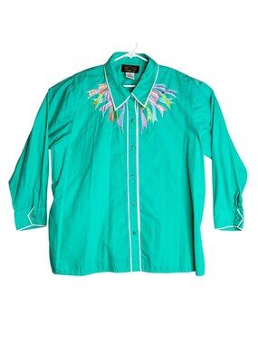 Bob Mackie Wearable Art Embroidered Button-Up Shirt LS 2X Teal Cotton Blend